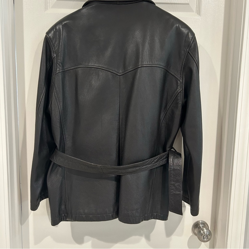 VTG 90s Tannery West Leather Black Brown Belt Collar Zip Jacket Coat Women XL - Picture 10 of 17